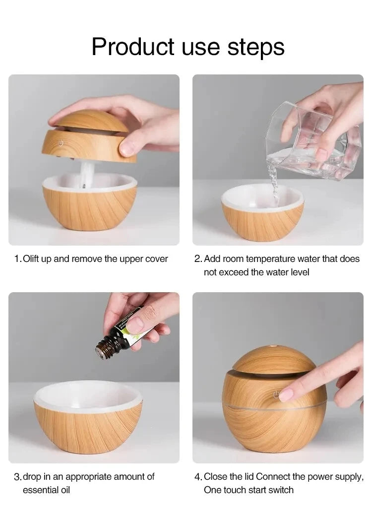 Humidificateur Design Bois USB 130ml — Diffuseur Arôme Ultrasonique, 200ml/h & Arrêt Auto