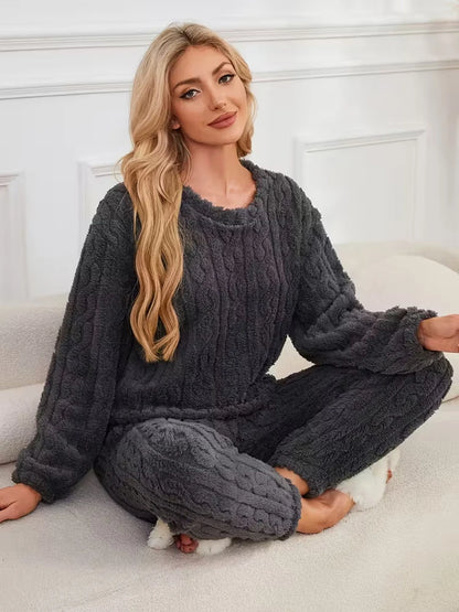 Ensemble Pyjama Flanelle Polaire Femme — Haut Col Rond & Pantalon Chaud
