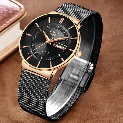 Montre Homme LIGE 9949 — Quartz Ultra-Fine, Bracelet Acier Inox, Date & Semaine, 3 ATM