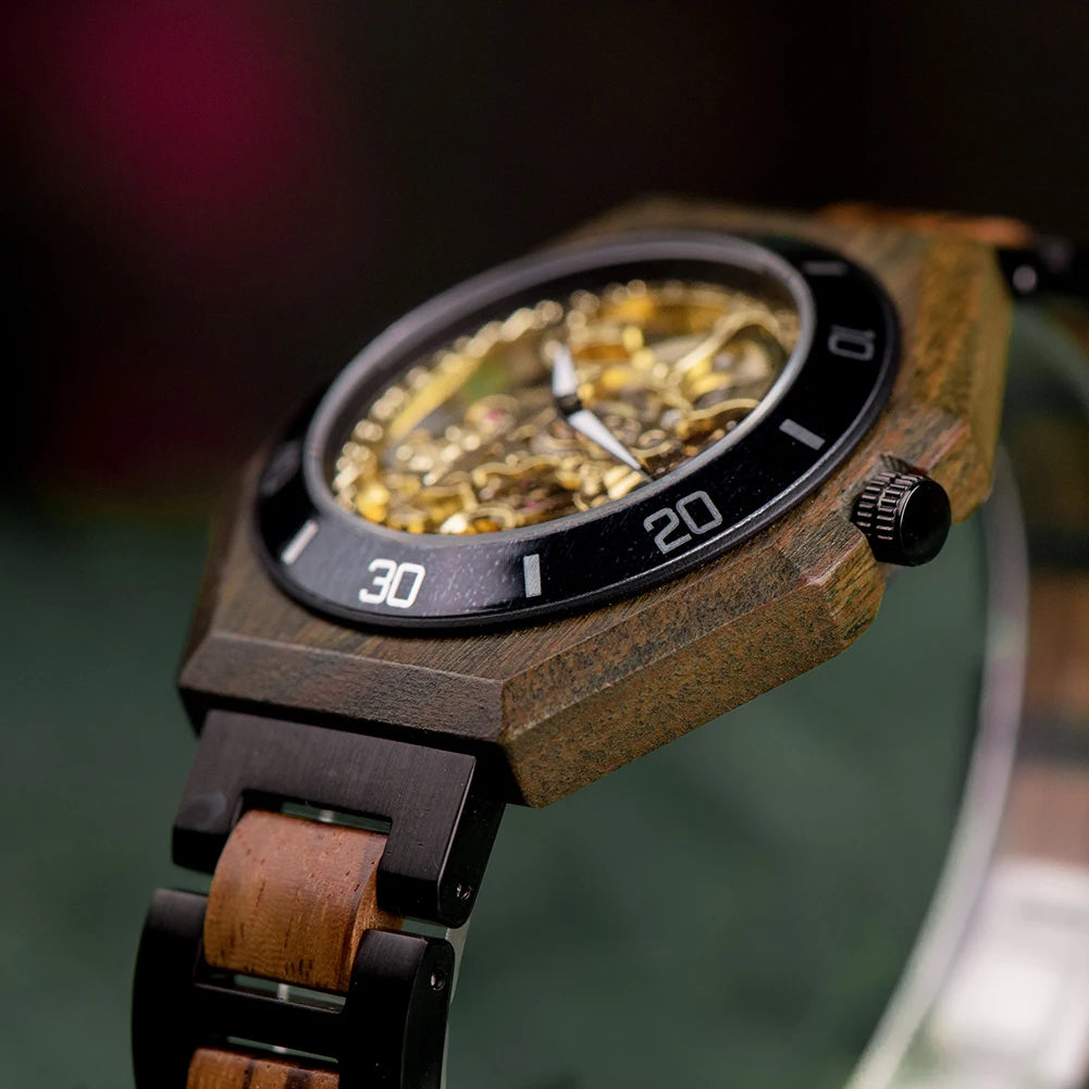 Montre Mécanique en Bois Homme BOBO BIRD — Squelette Lumineux, Étanche 3 ATM, Gravure Personnalisée, 6 Modèles | TechNova X