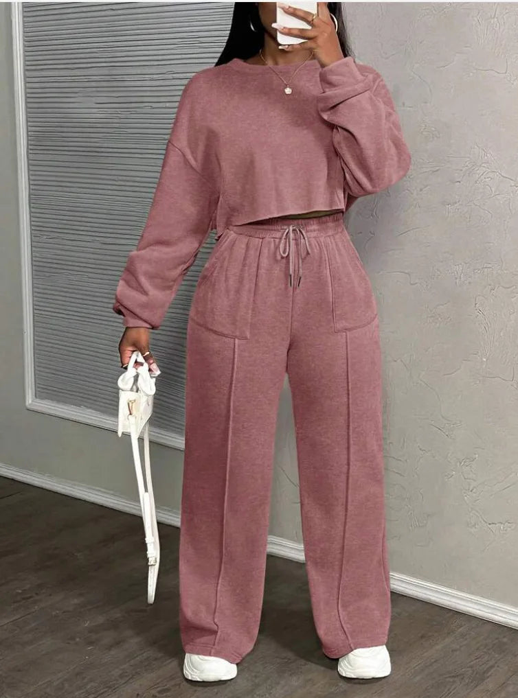 Ensemble deux pièces décontracté pour femme : Sweat-shirt ample à taille haute et pantalon droit – Collection Printemps-Automne