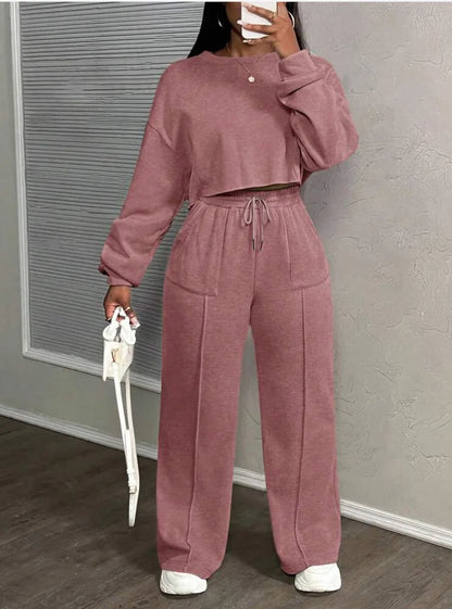 Ensemble deux pièces décontracté pour femme : Sweat-shirt ample à taille haute et pantalon droit – Collection Printemps-Automne