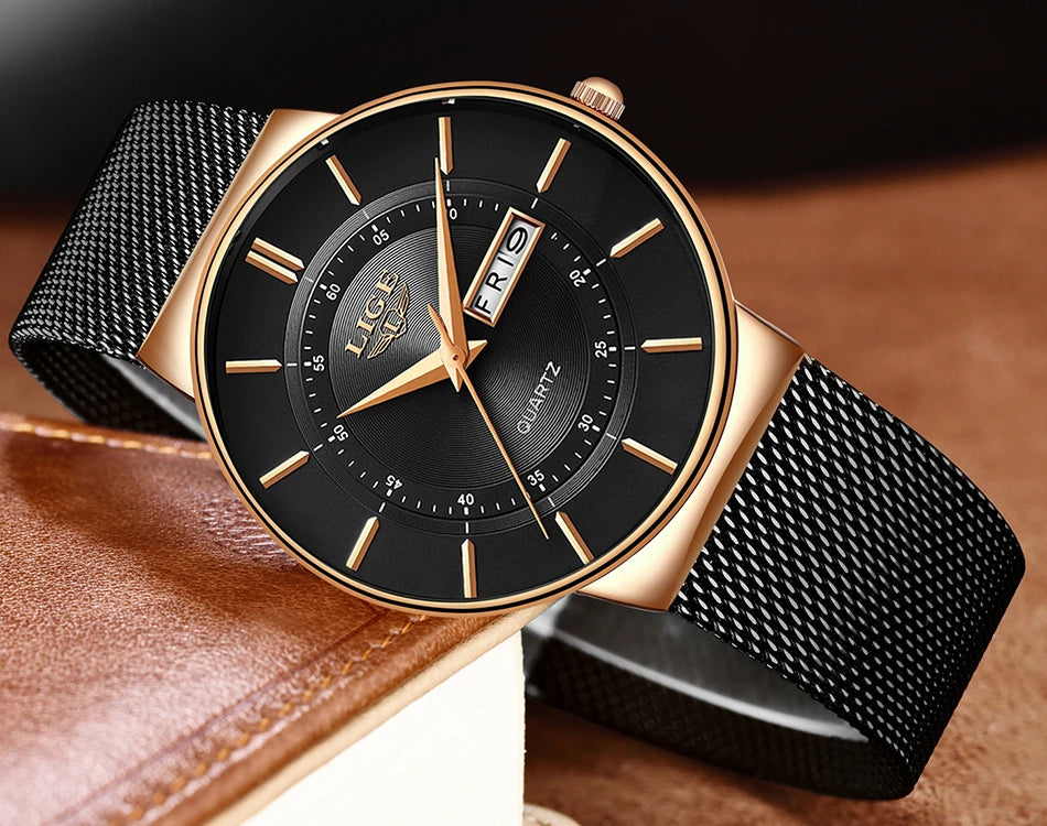 Montre Homme LIGE 9949 — Quartz Ultra-Fine, Bracelet Acier Inox, Date & Semaine, 3 ATM