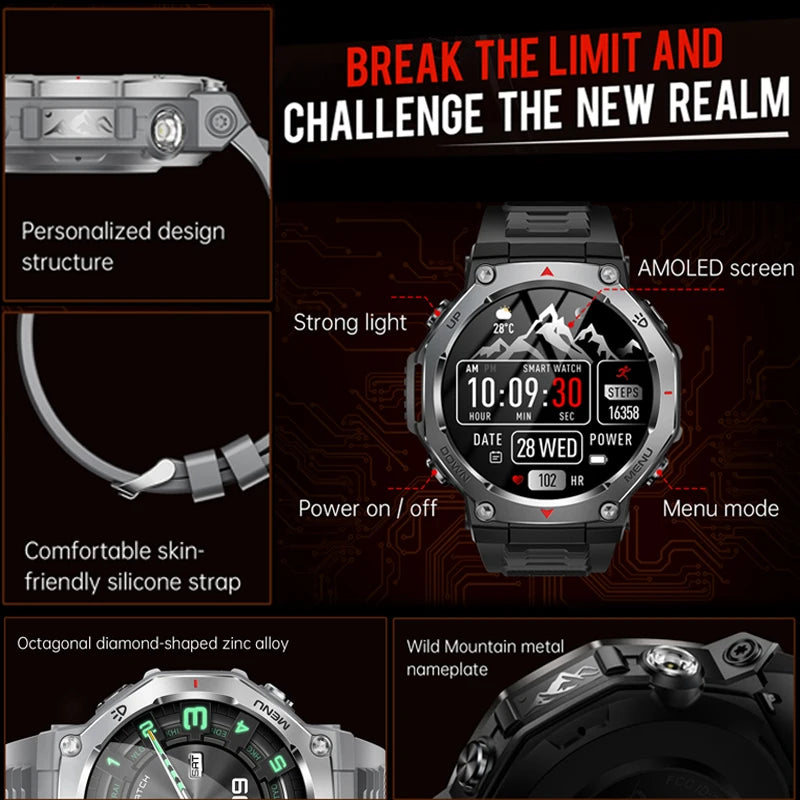 Montre Connectée Sport ZYKEXUAN T-Rex3 — AMOLED 1,43", Étanche 10 ATM, Boussole, Altimètre, 100+ Sports, 13 Coloris | TechNova X