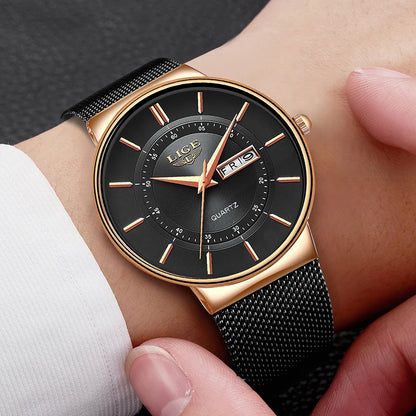 Montre Homme LIGE 9949 — Quartz Ultra-Fine, Bracelet Acier Inox, Date & Semaine, 3 ATM