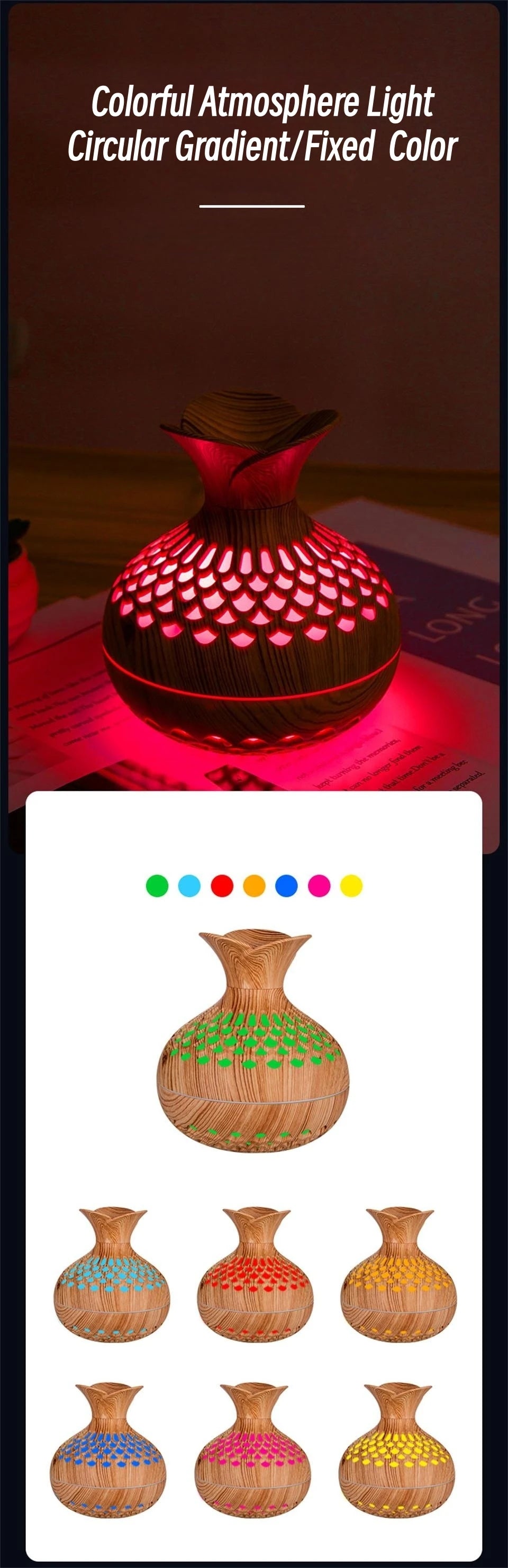 Humidificateur Design Bois 300ml — LED Multicolore, 2 Modes de Brume & USB Type-C