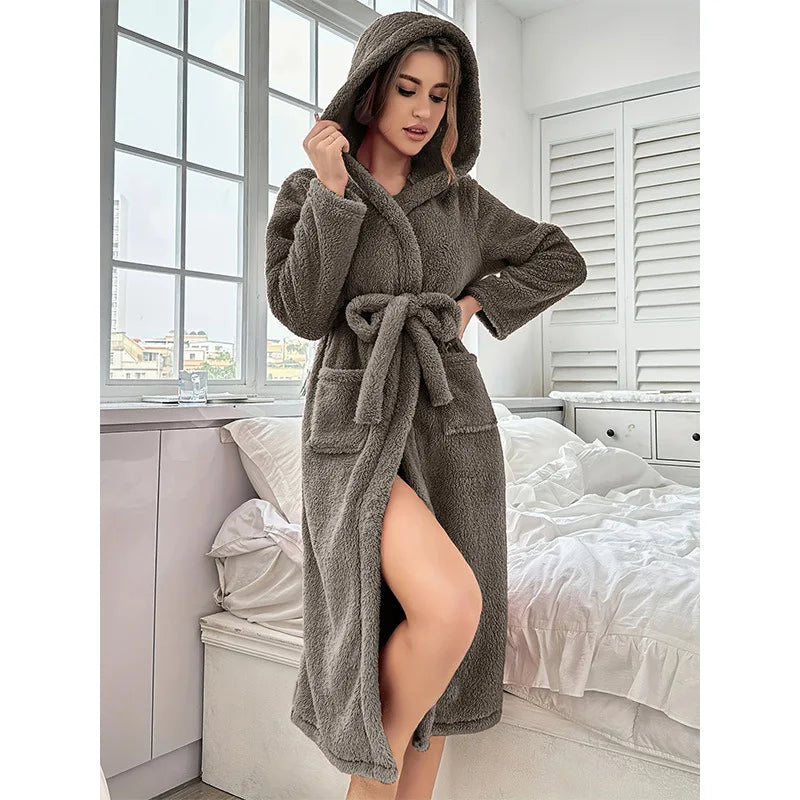 Robe Kimono Flanelle Polaire à Capuche Femme — Chemise de Nuit Chaude & Douce