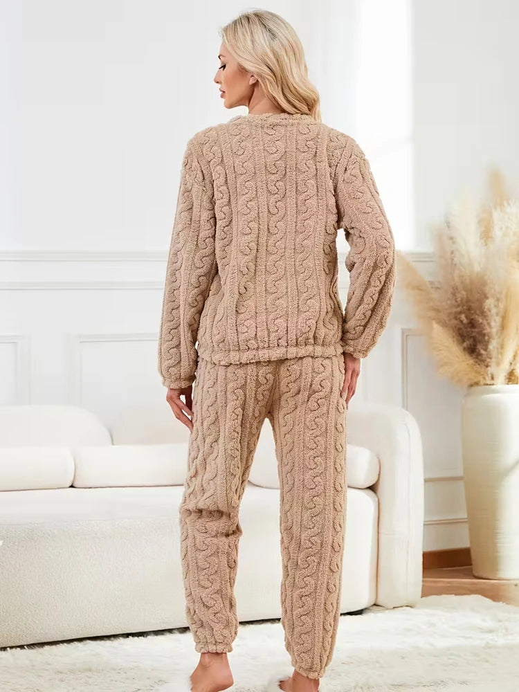 Ensemble Pyjama Flanelle Polaire Femme — Haut Col Rond & Pantalon Chaud