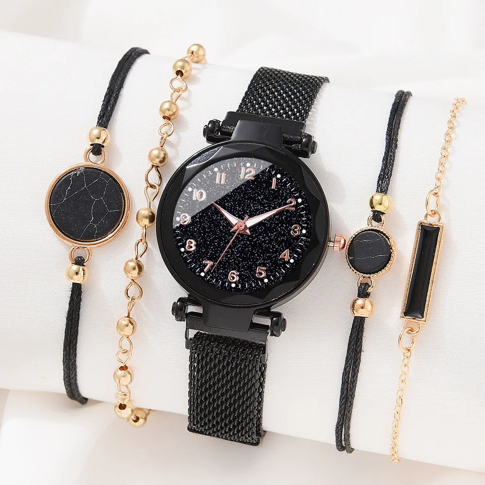 Montre Quartz Femme MOONBIFFY — Cadran Ciel Étoilé 36 mm, Bracelet Maille Alliage, Chiffres Arabes, 5 Styles | TechNova X