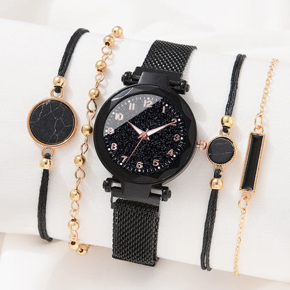 Montre Quartz Femme MOONBIFFY — Cadran Ciel Étoilé 36 mm, Bracelet Maille Alliage, Chiffres Arabes, 5 Styles | TechNova X