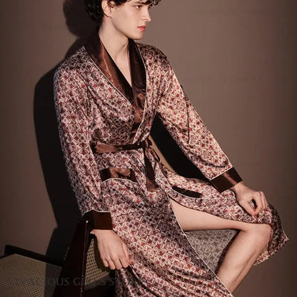 Kimono Peignoir Satin Imprimé Homme — Robe de Chambre avec Poches, Col en V