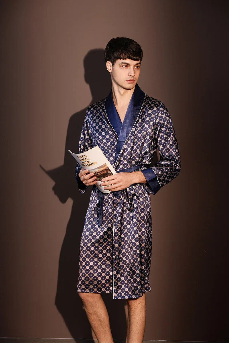 Kimono Peignoir Satin Imprimé Homme — Robe de Chambre avec Poches, Col en V