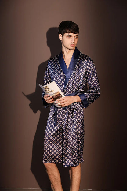 Kimono Peignoir Satin Imprimé Homme — Robe de Chambre avec Poches, Col en V