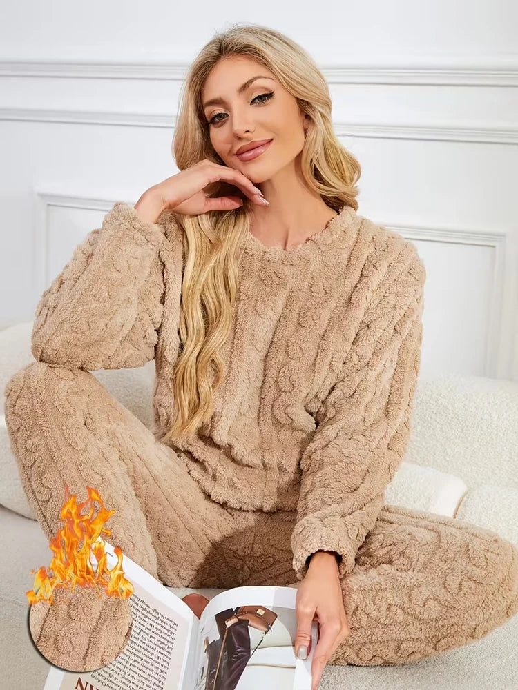 Ensemble Pyjama Flanelle Polaire Femme — Haut Col Rond & Pantalon Chaud