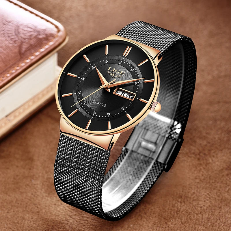 Montre Homme LIGE 9949 — Quartz Ultra-Fine, Bracelet Acier Inox, Date & Semaine, 3 ATM