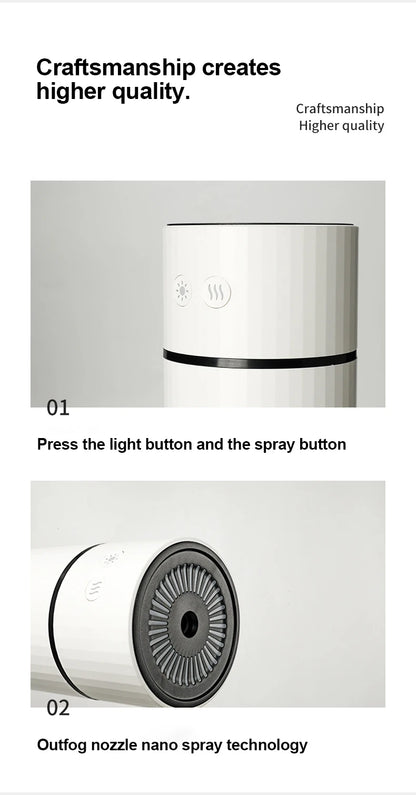 Humidificateur Diffuseur Sans Fil 260ml — Nano-Spray, Buse 90°, Veilleuse LED & Batterie 1000mAh