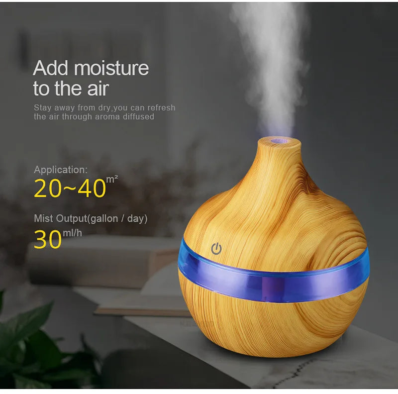 Humidificateur Ultrasonique 300ml Design Bois — LED 7 Couleurs, Commande Tactile & USB 5V