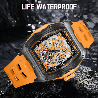 Montre Mécanique Homme Squelette — Boîtier Carré Acier, Automatique, Étanche 3 ATM, Bracelet Silicone | TechNova X