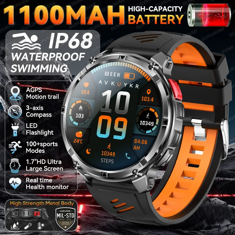 Smartwatch GUHUAVMI HT33 — AMOLED Saphir 1,7", Batterie 1100mAh, 100+ Sports, IP68