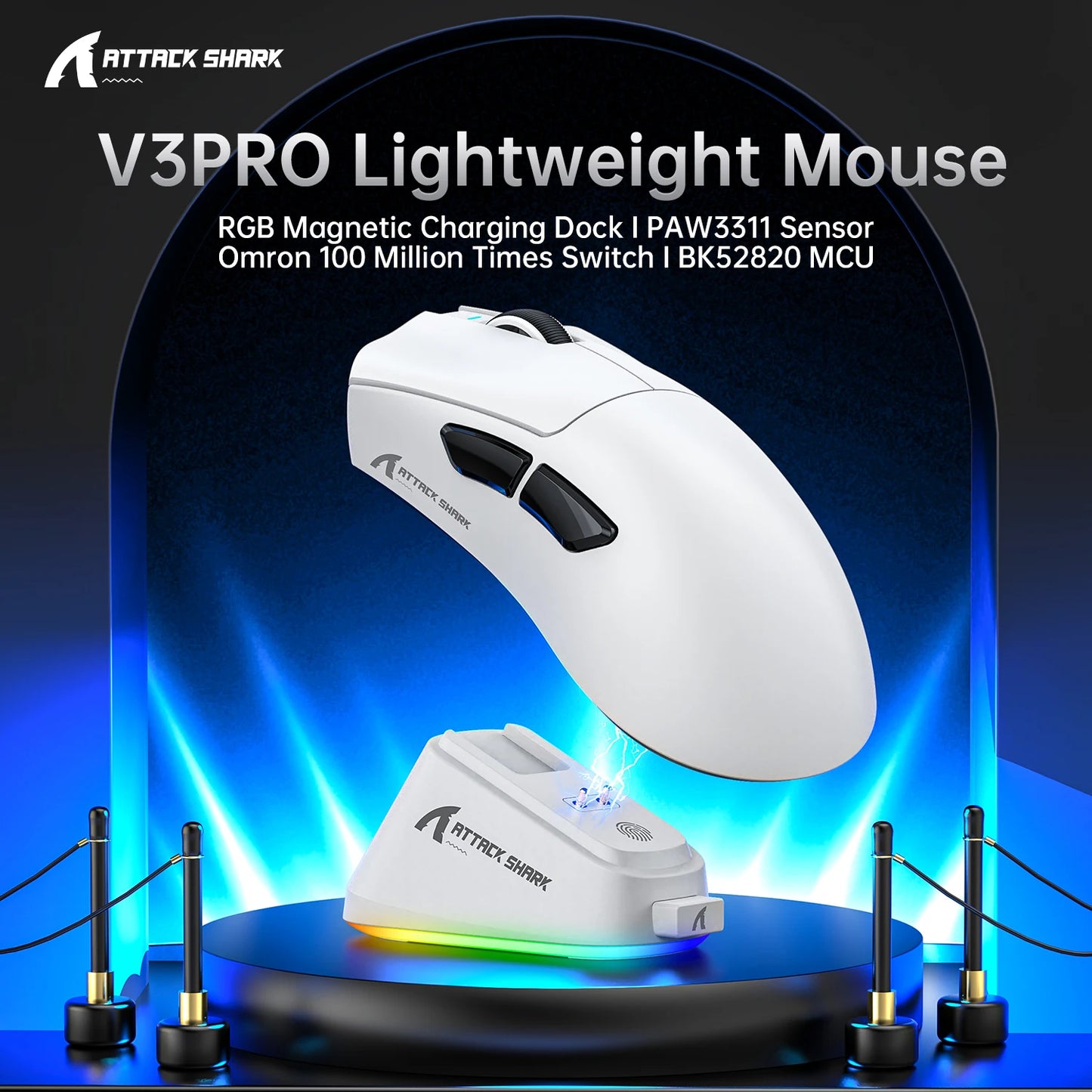 Souris de jeu sans fil Attack Shark V3 PRO, tri-mode 2.4G/BT/filaire, ultra-légère, PAW3311, 26000 DPI