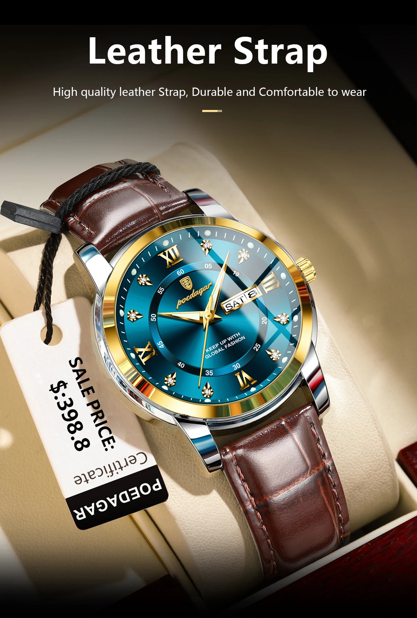 Montre Homme POEDAGAR 936L — Quartz, Bracelet Cuir, Lumineux, Date & Semaine