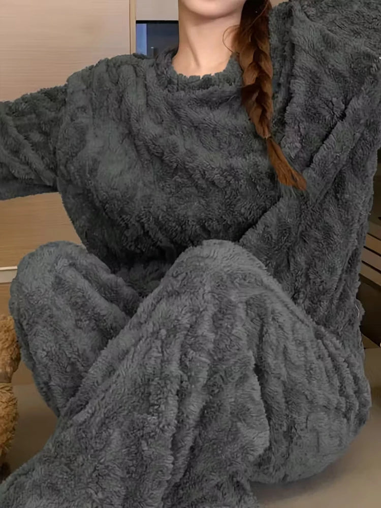 Ensemble Pyjama Flanelle Polaire Femme — Haut Col Rond & Pantalon Chaud