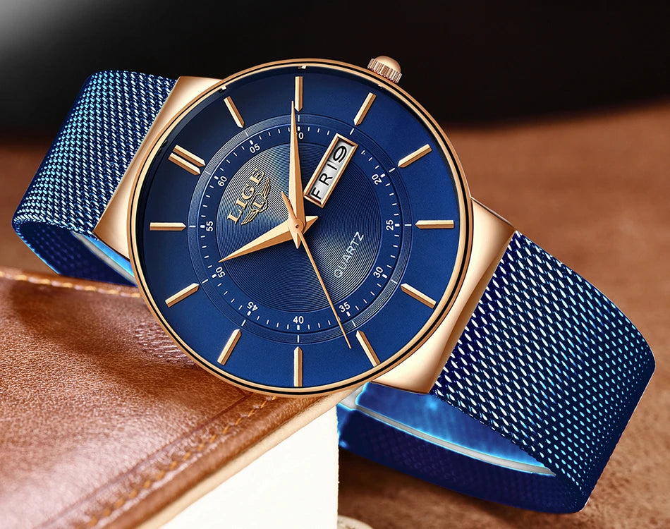 Montre Homme LIGE 9949 — Quartz Ultra-Fine, Bracelet Acier Inox, Date & Semaine, 3 ATM