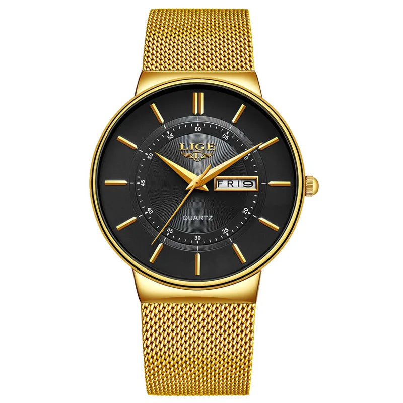 Montre Homme LIGE 9949 — Quartz Ultra-Fine, Bracelet Acier Inox, Date & Semaine, 3 ATM