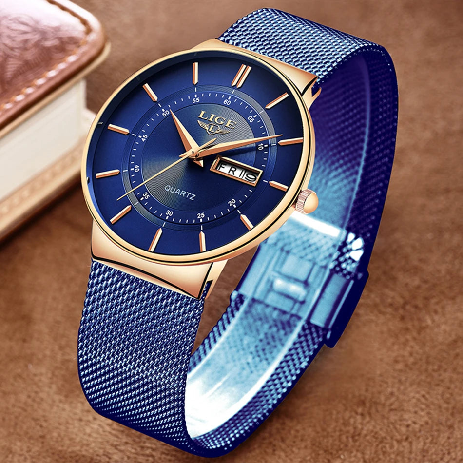 Montre Homme LIGE 9949 — Quartz Ultra-Fine, Bracelet Acier Inox, Date & Semaine, 3 ATM
