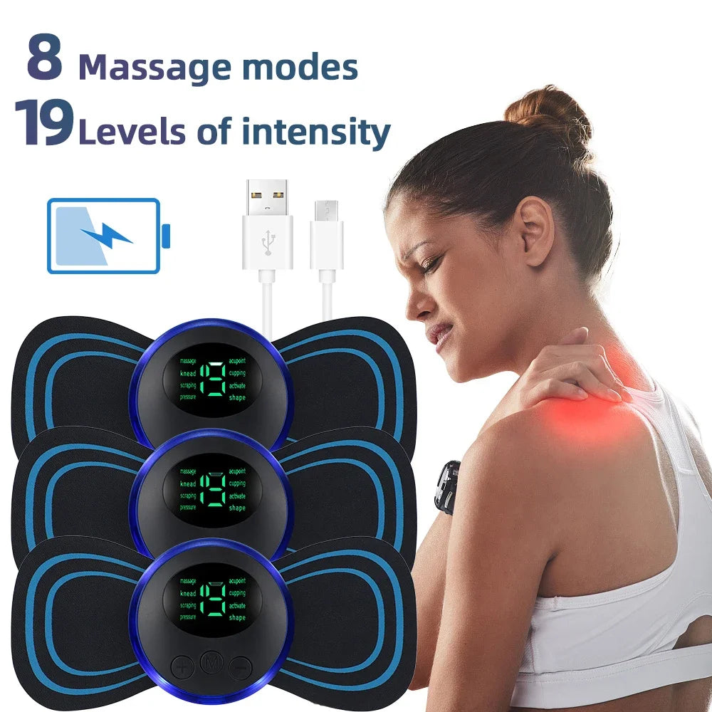 EMS Electric Neck Massager, Muscle Massage Stimulator, Low-Frequency Instrument, Patches for Back, Neck, and Calves, Mini Device for Joint Pain
