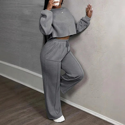 Ensemble deux pièces décontracté pour femme : Sweat-shirt ample à taille haute et pantalon droit – Collection Printemps-Automne