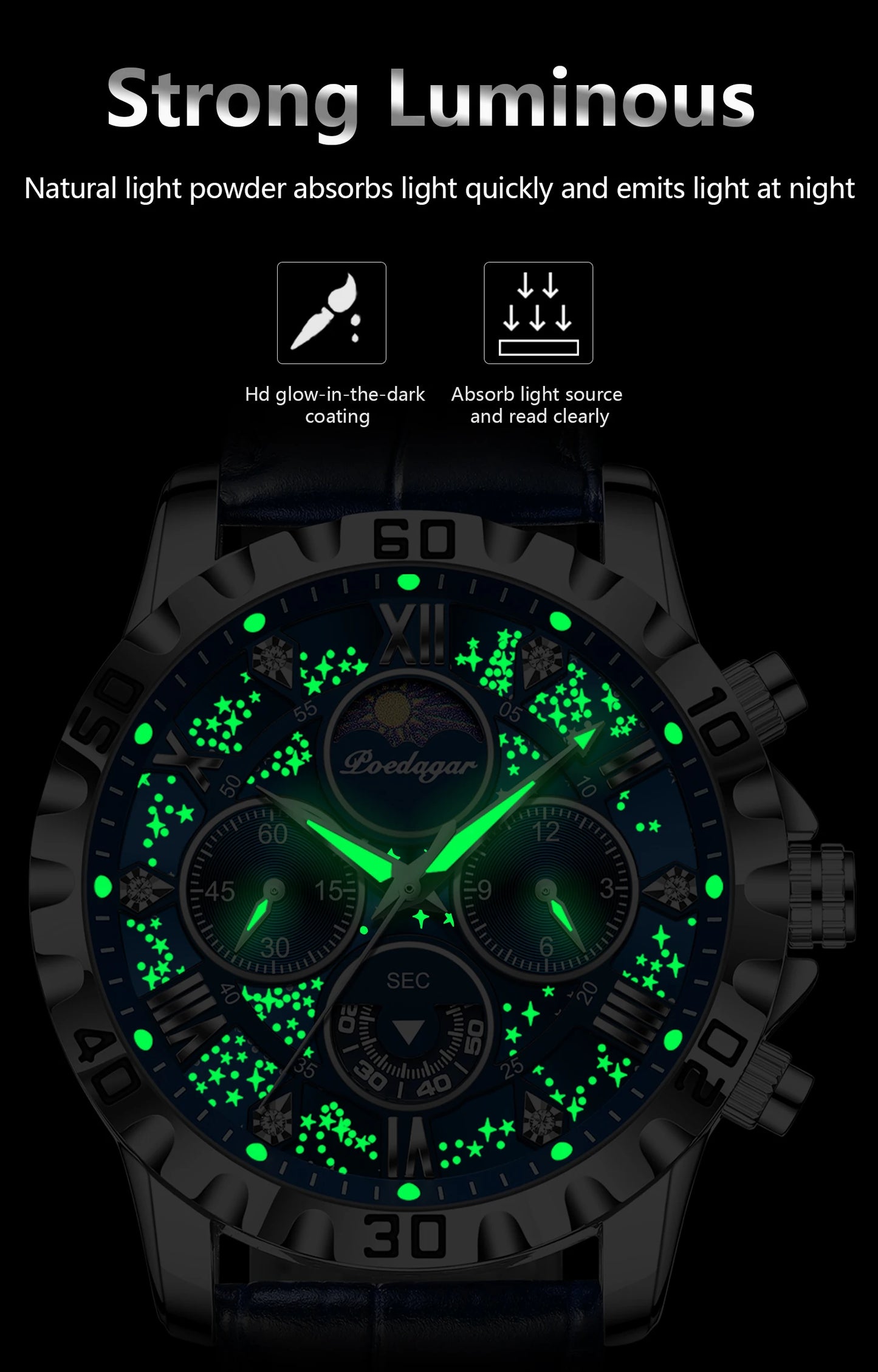 Montre Quartz Luxe Homme POEDAGAR 973 — Chronographe Lumineux, Verre Saphir, Bracelet Cuir, 3 ATM, 7 Coloris | TechNova X