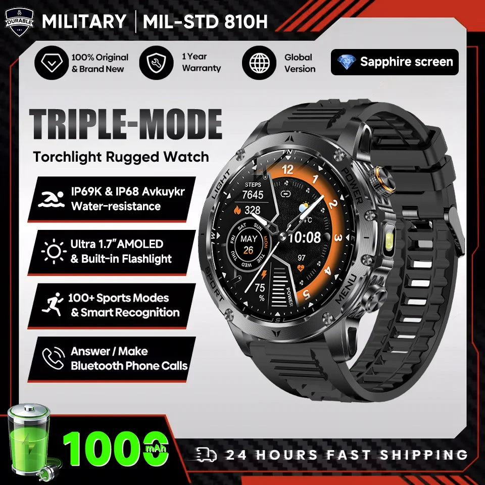 Montre Connectée Sport Militaire AK87 — AMOLED 1,7", GPS, NFC, Étanche IP68, Batterie 1000 mAh, 100 Jours | TechNova X