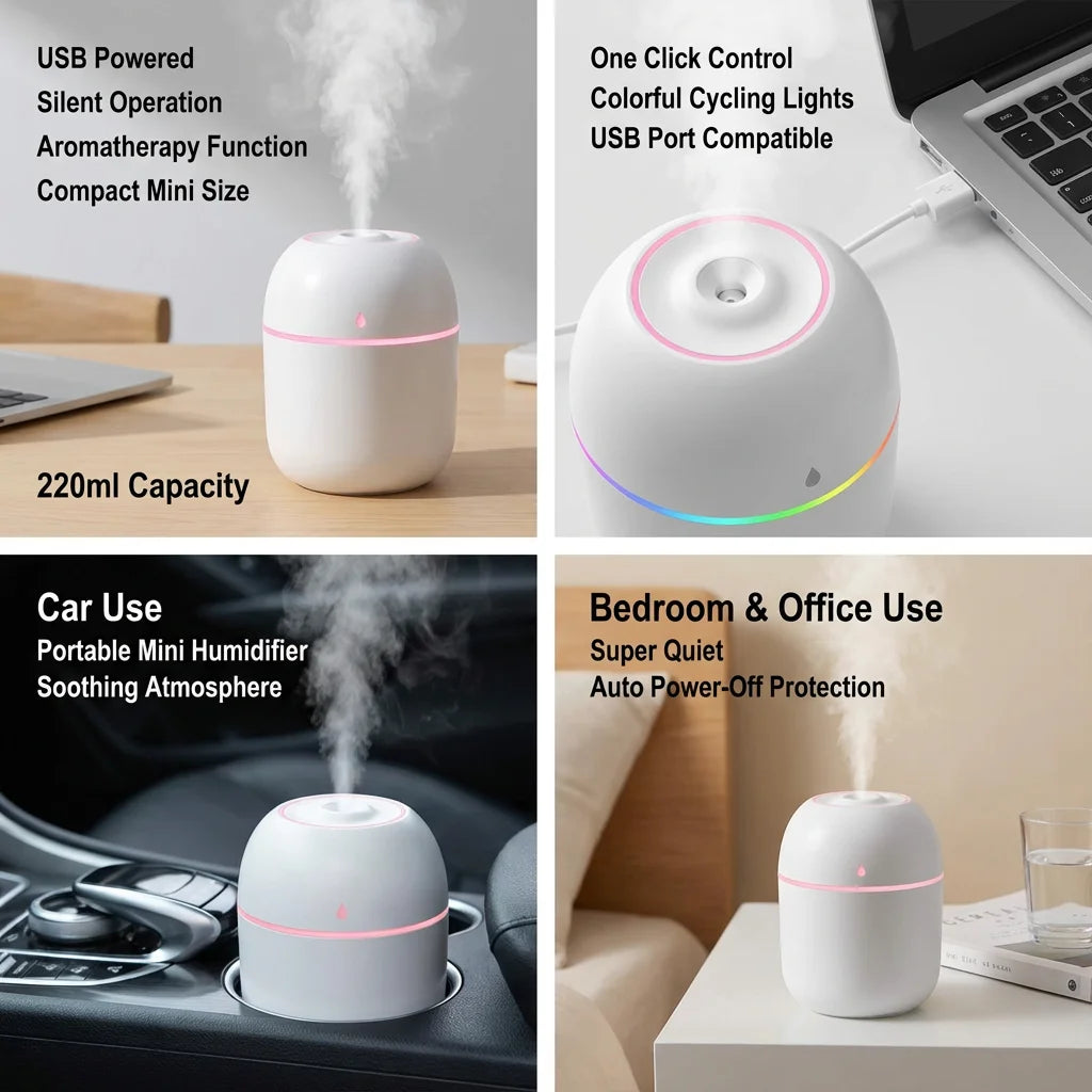 Humidificateur Portable USB 220ml — Brume Anionique, Purificateur d'Air & Diffuseur Arôme