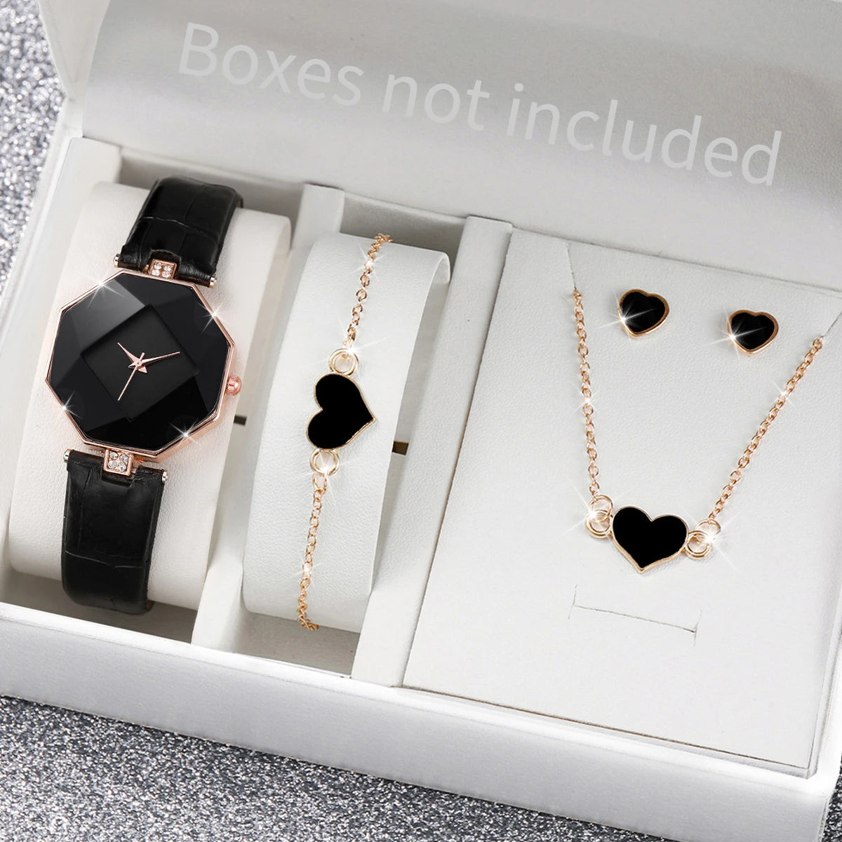 Coffret Bijoux Femme 5 Pièces — Montre Quartz Bracelet Cuir, Boucles d’Oreilles, Collier & Bracelet