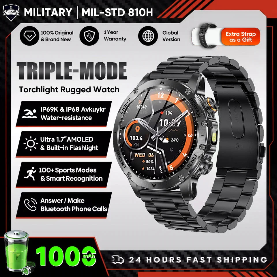 Montre Connectée Sport Militaire AK87 — AMOLED 1,7", GPS, NFC, Étanche IP68, Batterie 1000 mAh, 100 Jours | TechNova X