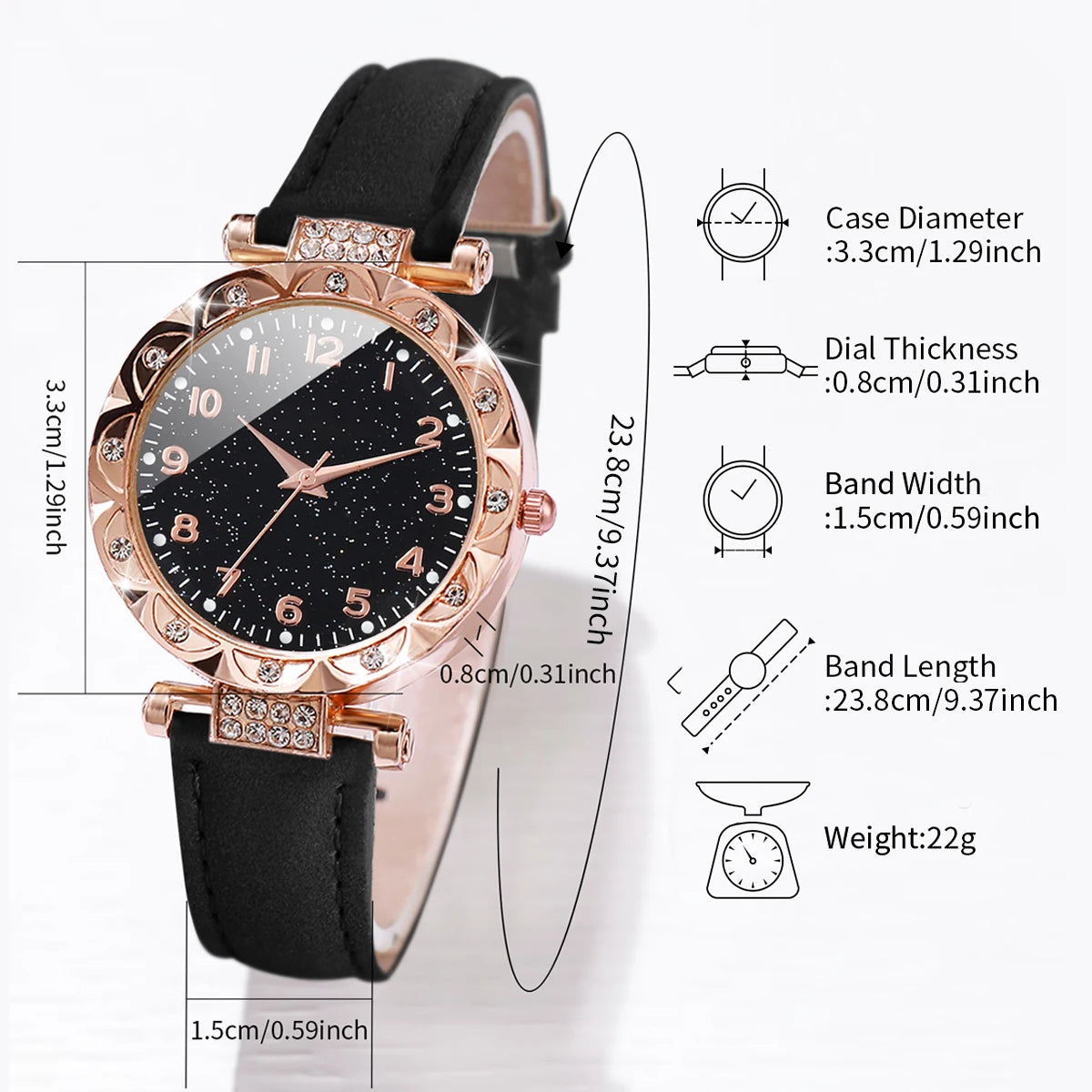 Coffret 2 Pièces Femme Strass — Montre Quartz Bracelet Cuir PU & Bracelet Cœur Assorti