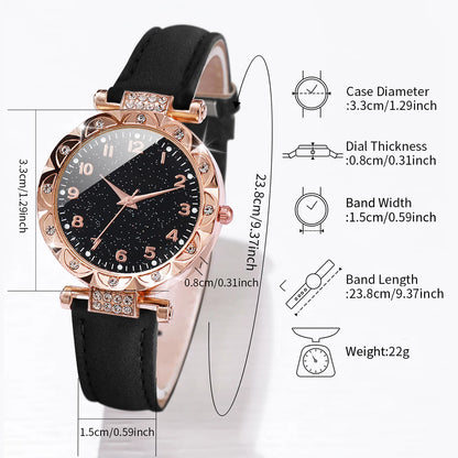 Coffret 2 Pièces Femme Strass — Montre Quartz Bracelet Cuir PU & Bracelet Cœur Assorti