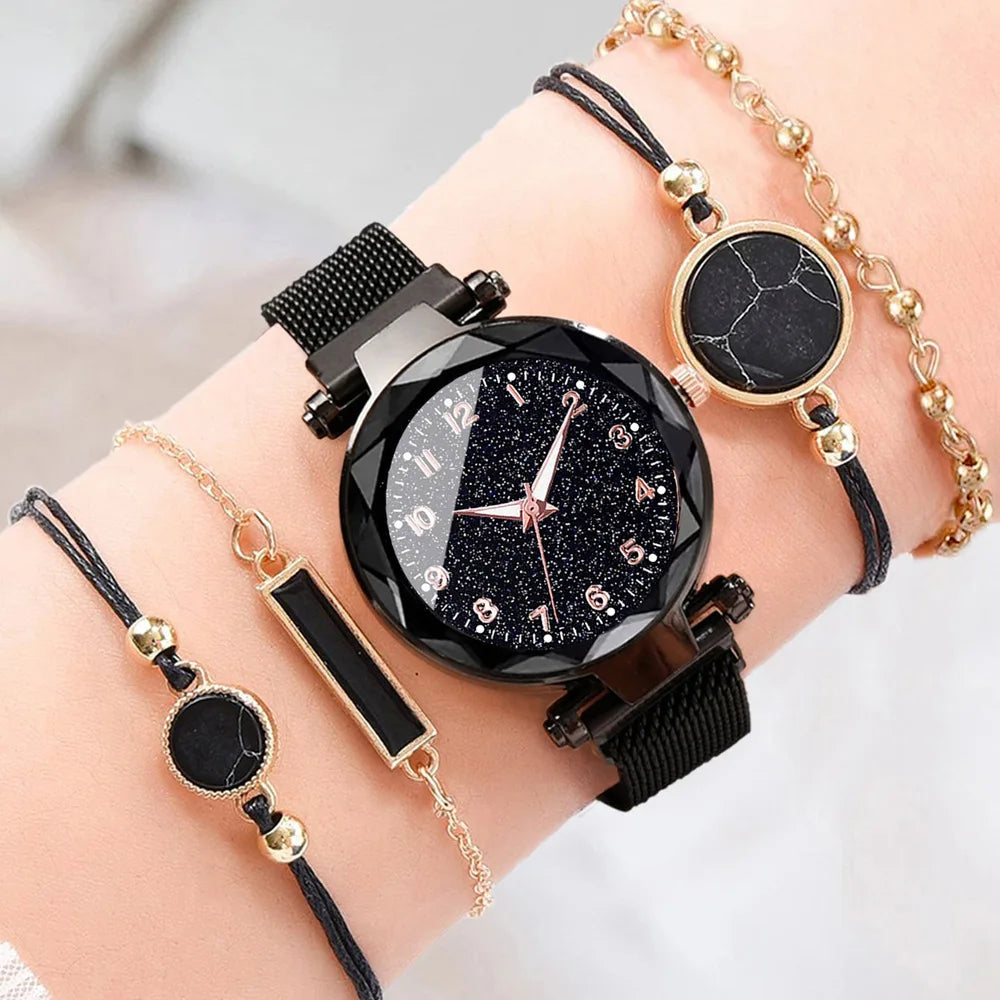 Montre Quartz Femme MOONBIFFY — Cadran Ciel Étoilé 36 mm, Bracelet Maille Alliage, Chiffres Arabes, 5 Styles | TechNova X
