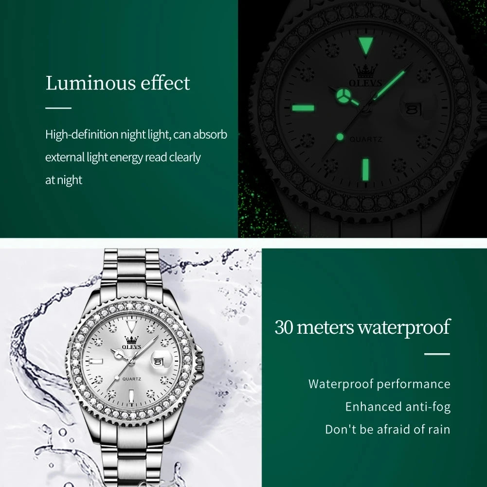 Montre Femme Quartz OLEVS 9945 — Cadran Diamant Lumineux, Acier Inoxydable, Date, 3 ATM