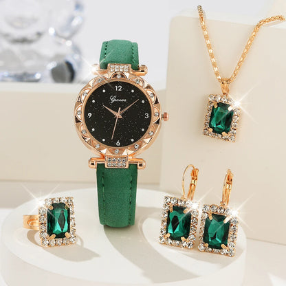 Coffret Bijoux Femme 5 Pièces Strass — Montre Quartz Cuir, Bague, Collier & Boucles d’Oreilles