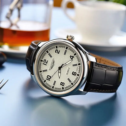 Montre Quartz Homme Business — Boîtier Rond Alliage, Bracelet Cuir, Étanche 3 ATM, Coffret Cadeau Inclus | TechNova X