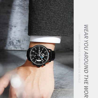 Montre Homme CHENXI B-576 — Chronographe Quartz, Bracelet Cuir, Aiguilles Lumineuses