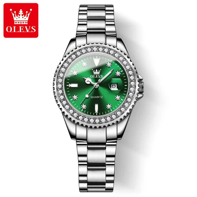 Montre Femme Quartz OLEVS 9945 — Cadran Diamant Lumineux, Acier Inoxydable, Date, 3 ATM