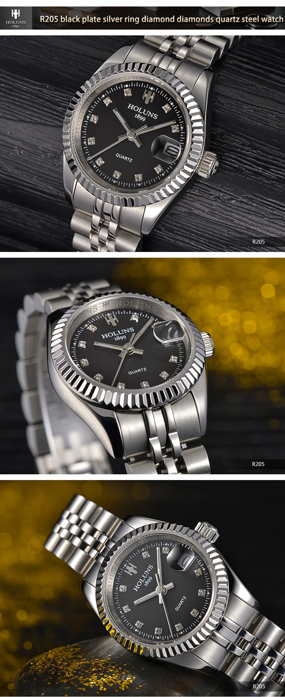 Montre Femme Luxe Diamant — Quartz Acier Inoxydable, Étanche 5 ATM