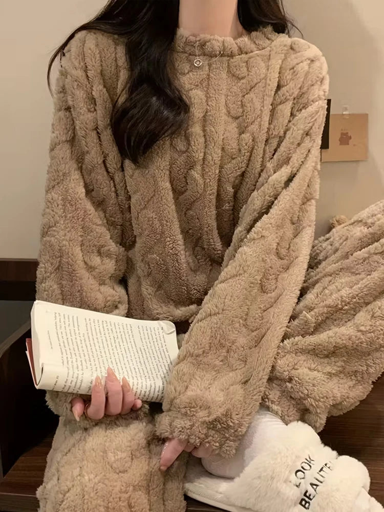 Ensemble Pyjama Flanelle Polaire Femme — Haut Col Rond & Pantalon Chaud