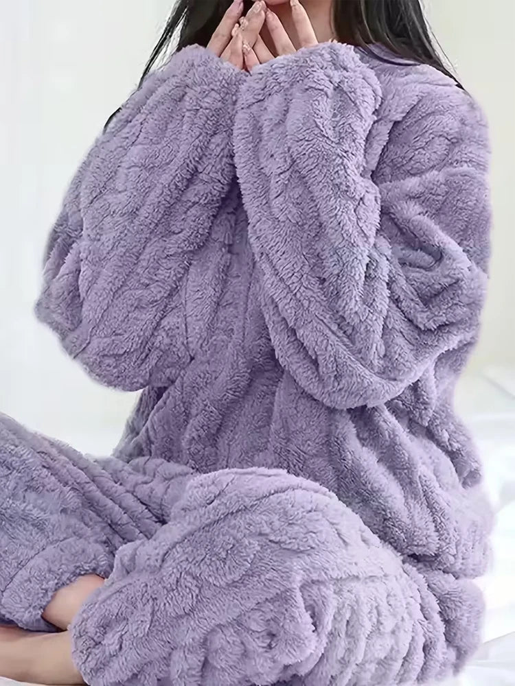 Ensemble Pyjama Flanelle Polaire Femme — Haut Col Rond & Pantalon Chaud