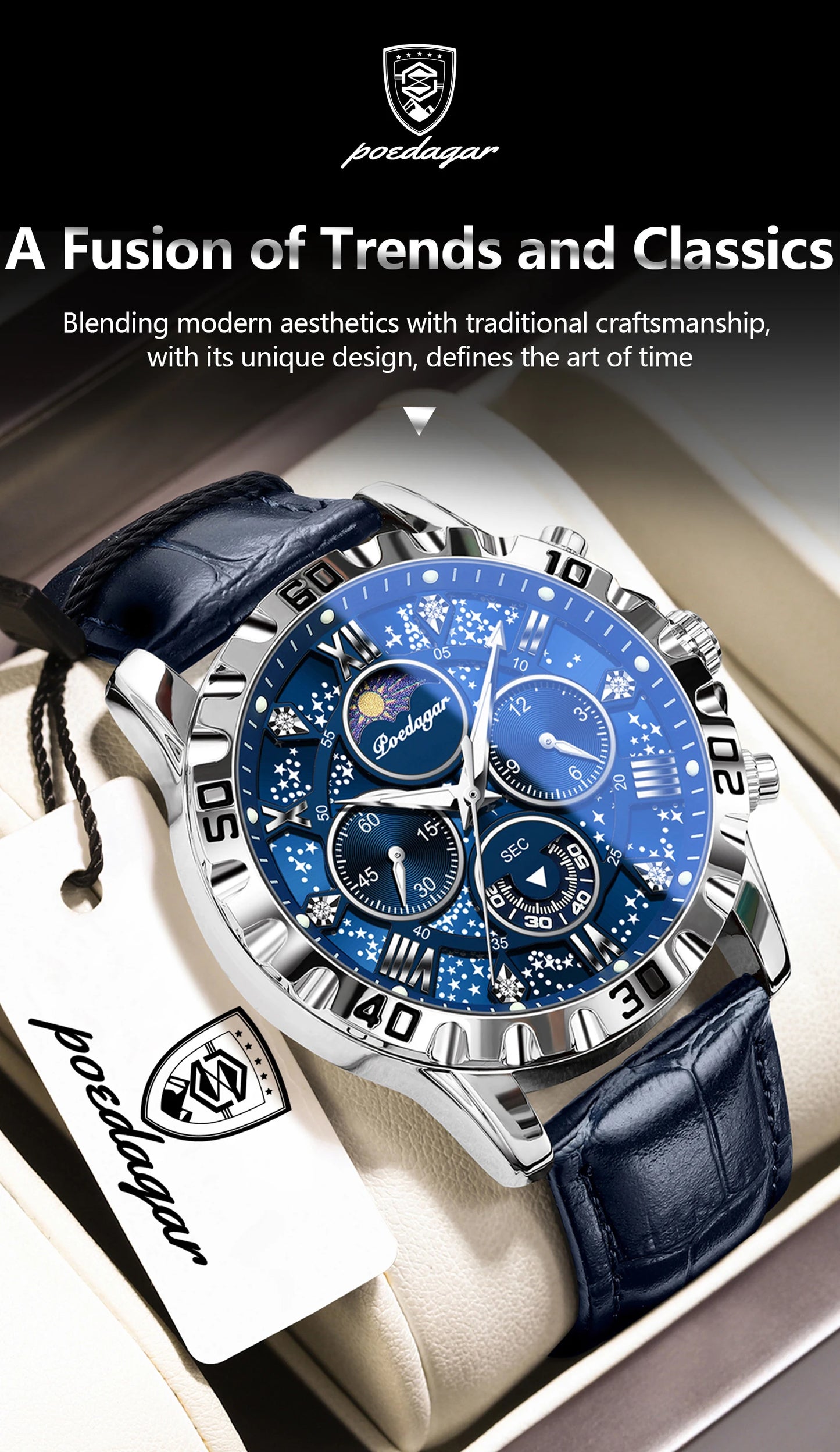 Montre Quartz Luxe Homme POEDAGAR 973 — Chronographe Lumineux, Verre Saphir, Bracelet Cuir, 3 ATM, 7 Coloris | TechNova X