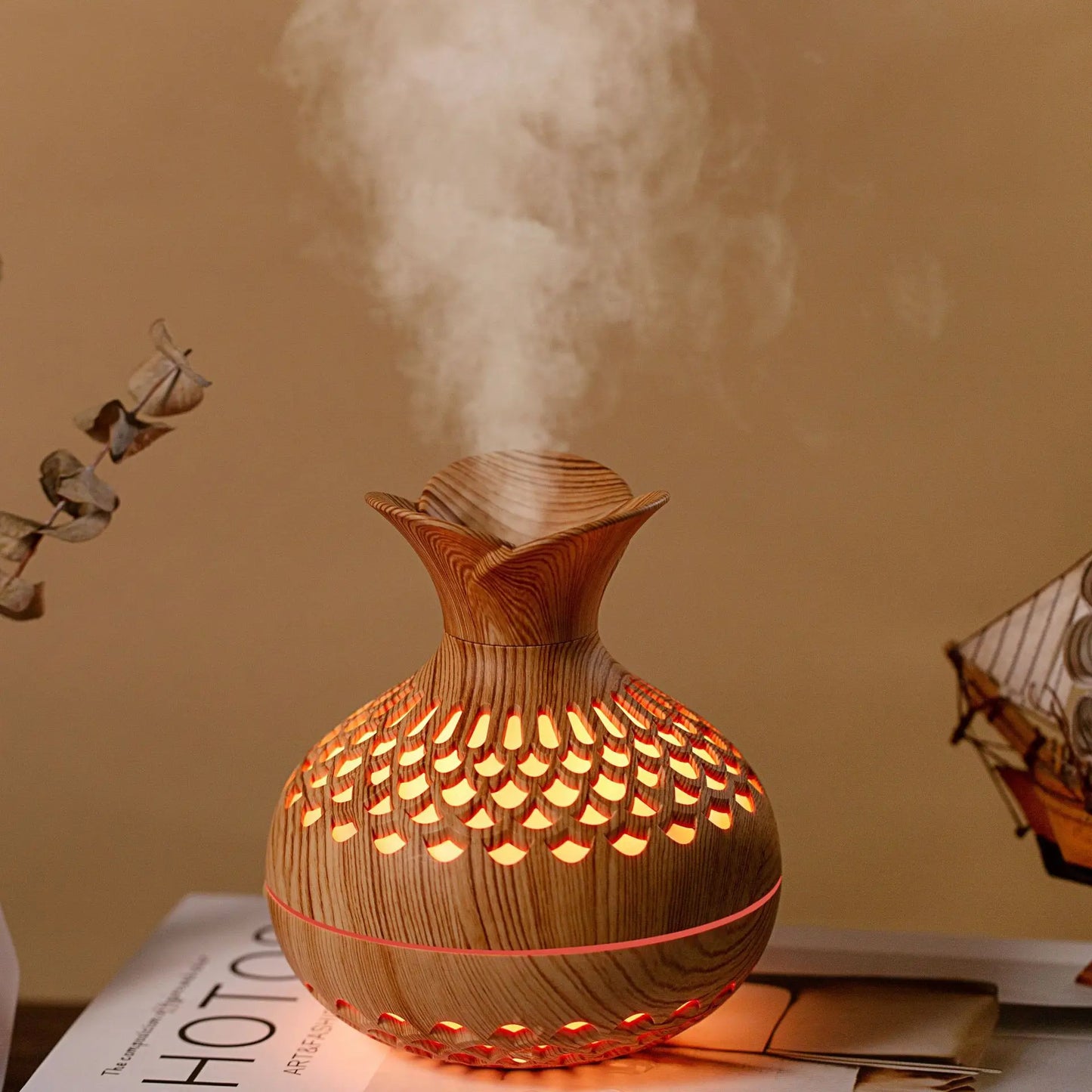 Humidificateur Design Bois 300ml — LED Multicolore, 2 Modes de Brume & USB Type-C