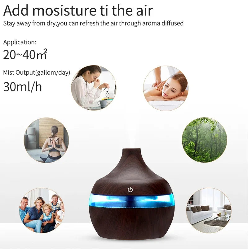 Humidificateur Ultrasonique 300ml Design Bois — LED 7 Couleurs, Commande Tactile & USB 5V